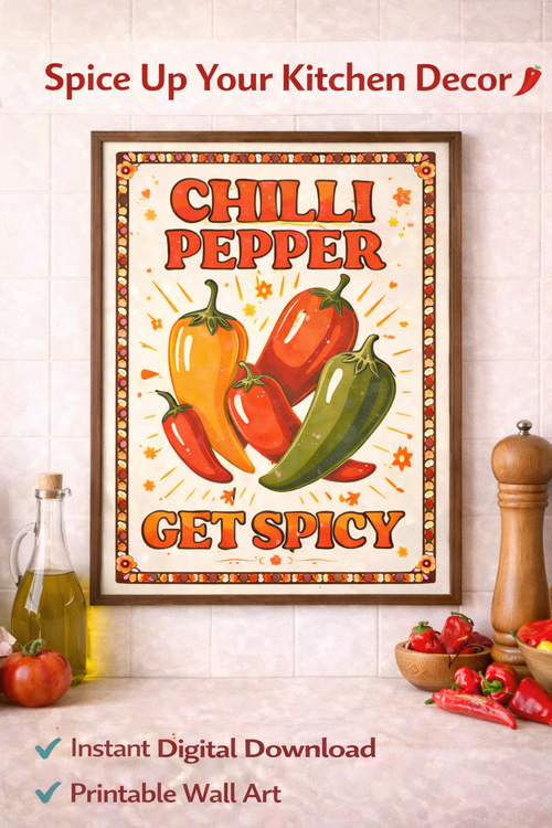 Chilli Pepper Poster – 70s Retro Kitchen Wall Art Printable | Vintage Funky Decor | Instant Digital Download