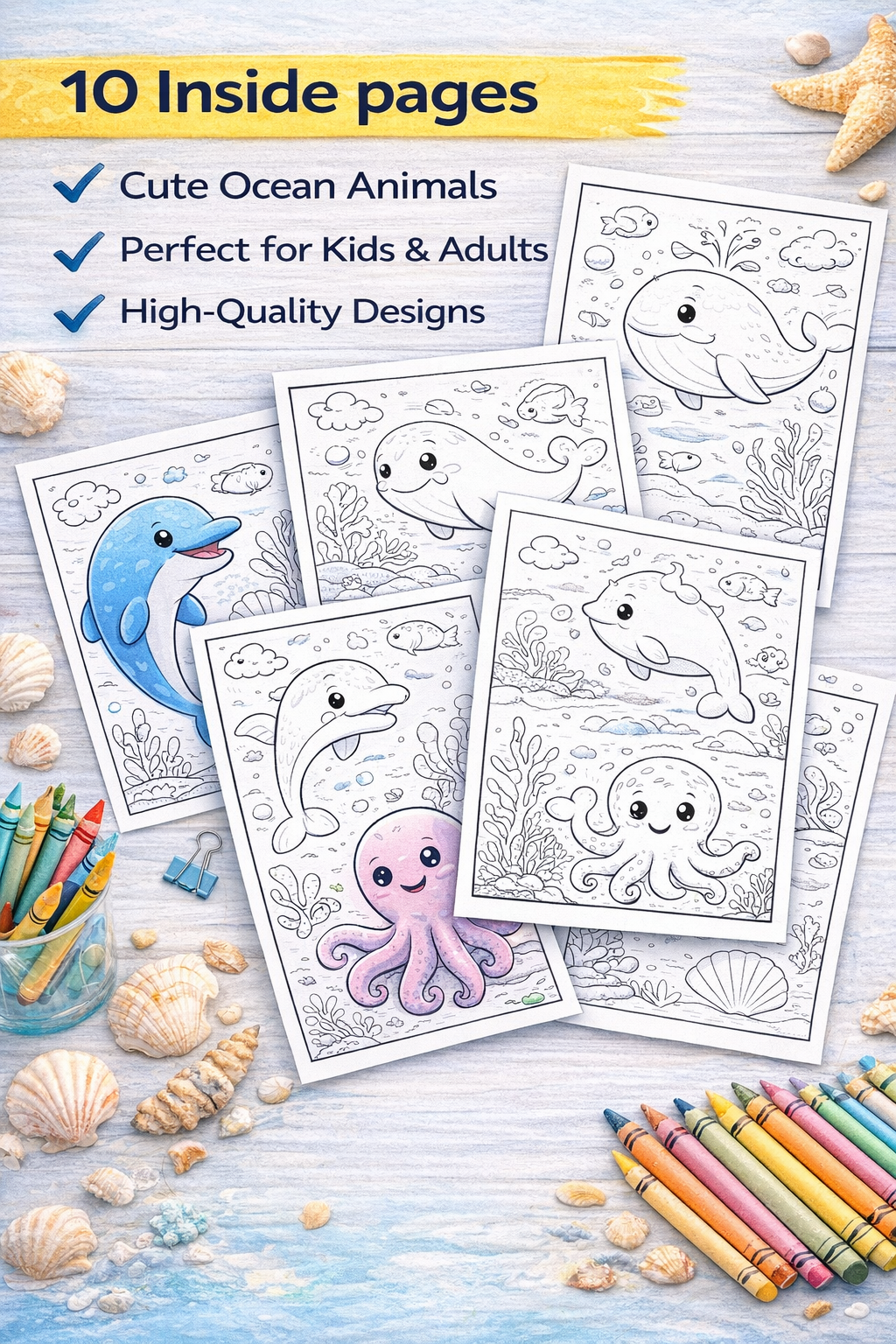 Ocean Animals Coloring Pages – 10 Cute Printables for Kids & Adults | Instant Download