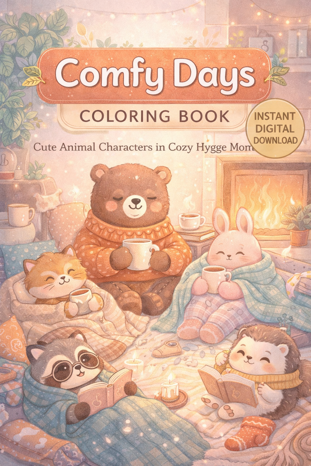 Cozy Comfy Days Coloring Book – Cute Animal Characters in Hygge Moments | Instant Download