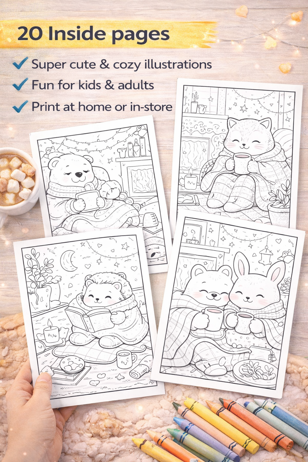 Cozy Comfy Days Coloring Book – Cute Animal Characters in Hygge Moments | Instant Download