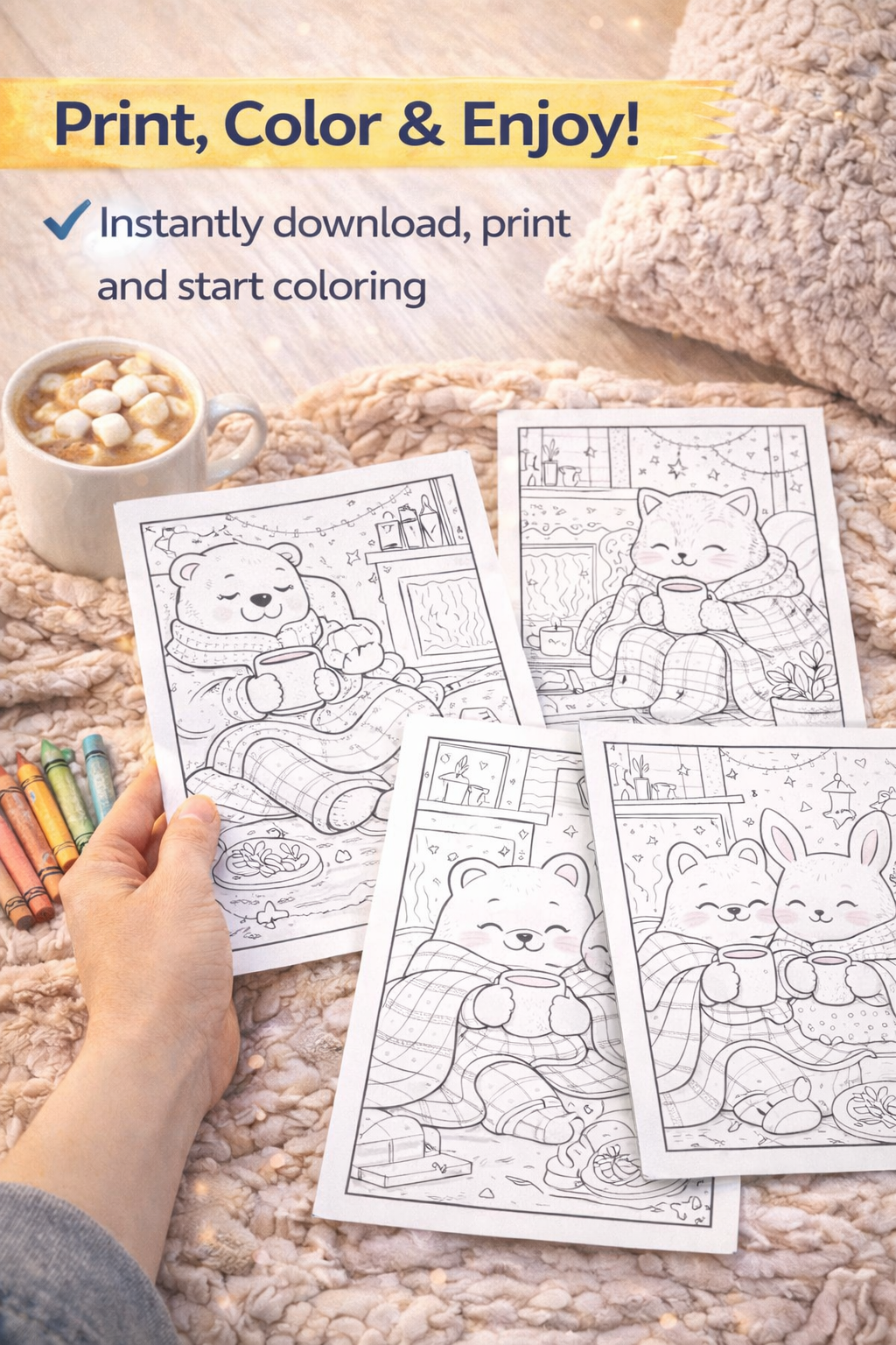 Cozy Comfy Days Coloring Book – Cute Animal Characters in Hygge Moments | Instant Download
