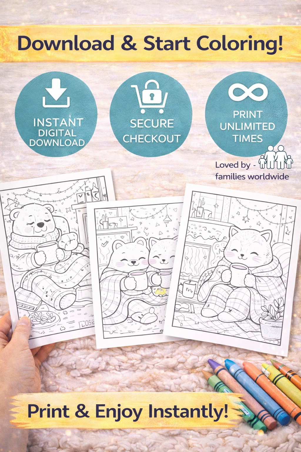 Cozy Comfy Days Coloring Book – Cute Animal Characters in Hygge Moments | Instant Download