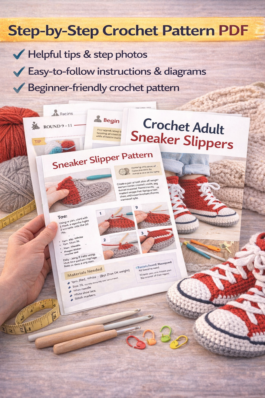 Crochet Adult Sneaker Slippers – Step-by-Step PDF Guide + Pattern | Instant Download