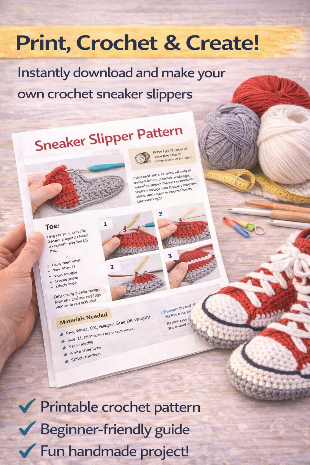 Crochet Adult Sneaker Slippers – Step-by-Step PDF Guide + Pattern | Instant Download
