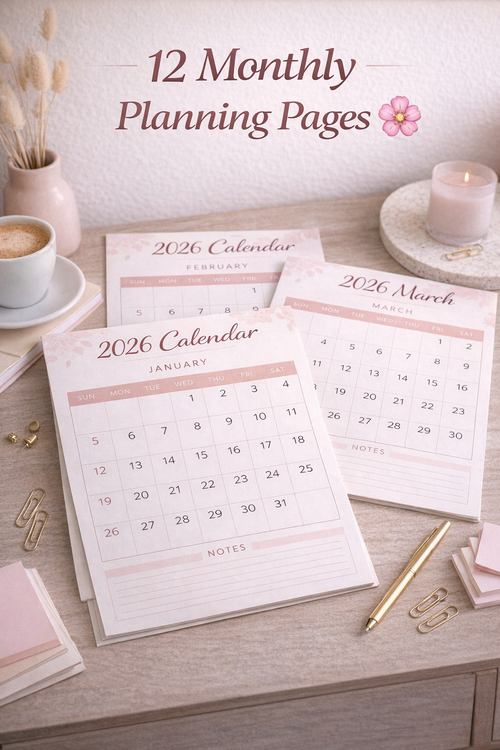 2026 Minimalist Pink Calendar Printable – Elegant Monthly Planner with Notes | Instant Digital Download