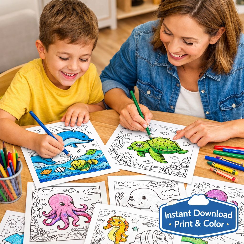 Ocean Animals Coloring Pages – 10 Cute Printables for Kids & Adults | Instant Download