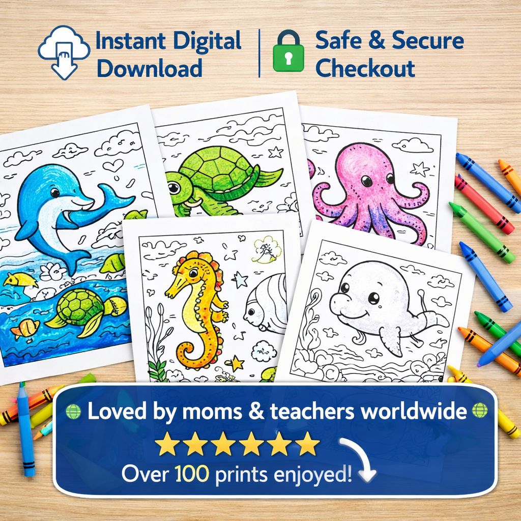 Ocean Animals Coloring Pages – 10 Cute Printables for Kids & Adults | Instant Download